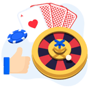 thumbs up symbol with casino symbols including chips, a roulette wheel, and cards
