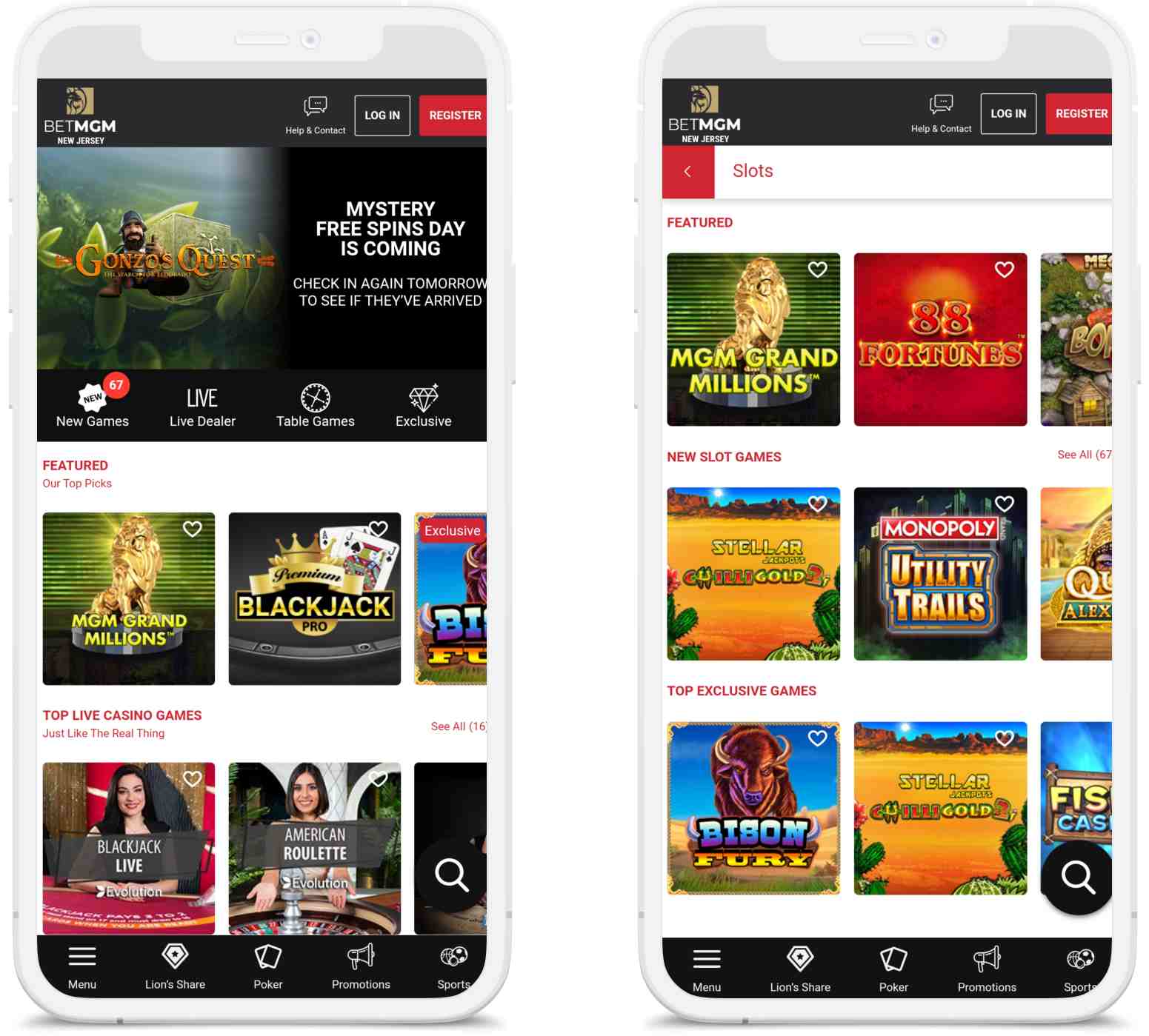 Betmgm Mobile Display - Homepage and Slot Games