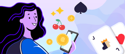Woman using Android device with casino symbols floating around