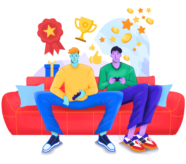 two video game players sitting on a couch