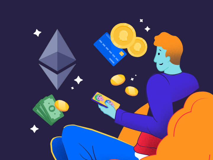 man holding a phone in his hand looking at ethereum logo and coins