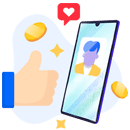 Thumbs up next to mobile screen with coins and heart around it