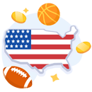 American flag with sports symbols and coins, representing sports betting in the US